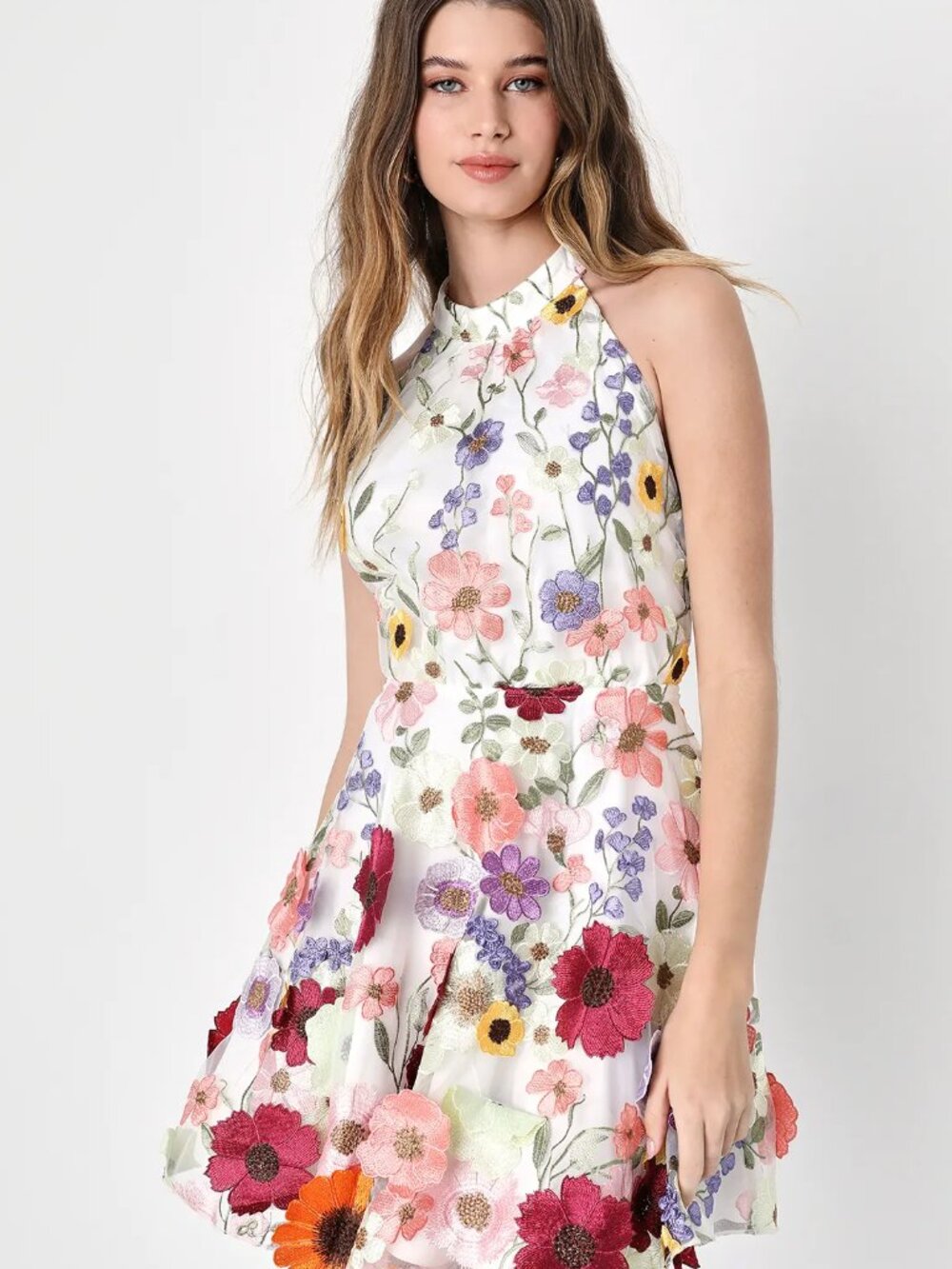 Ivory 3D Floral Embroidered Halter Mini Dress
